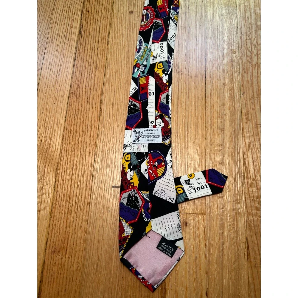 Vintage Balancine Disney Mickey Mouse World Tour 92 Silk Tie Travel Tags Black